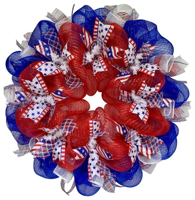 Three Cheers For The Red White And Blue Patriotic Ribbon Deco Mesh Wreath, 20 In