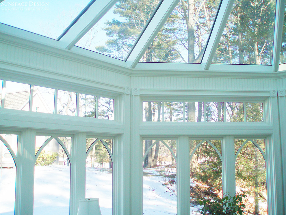 Design ideas for a mid-sized traditional sunroom in Portland Maine with no fireplace and a glass ceiling.