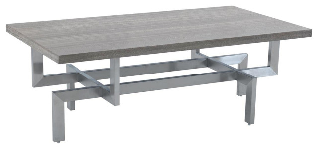 Illusion Gray Wood Coffee Table With Brushed Stainless Steel Base