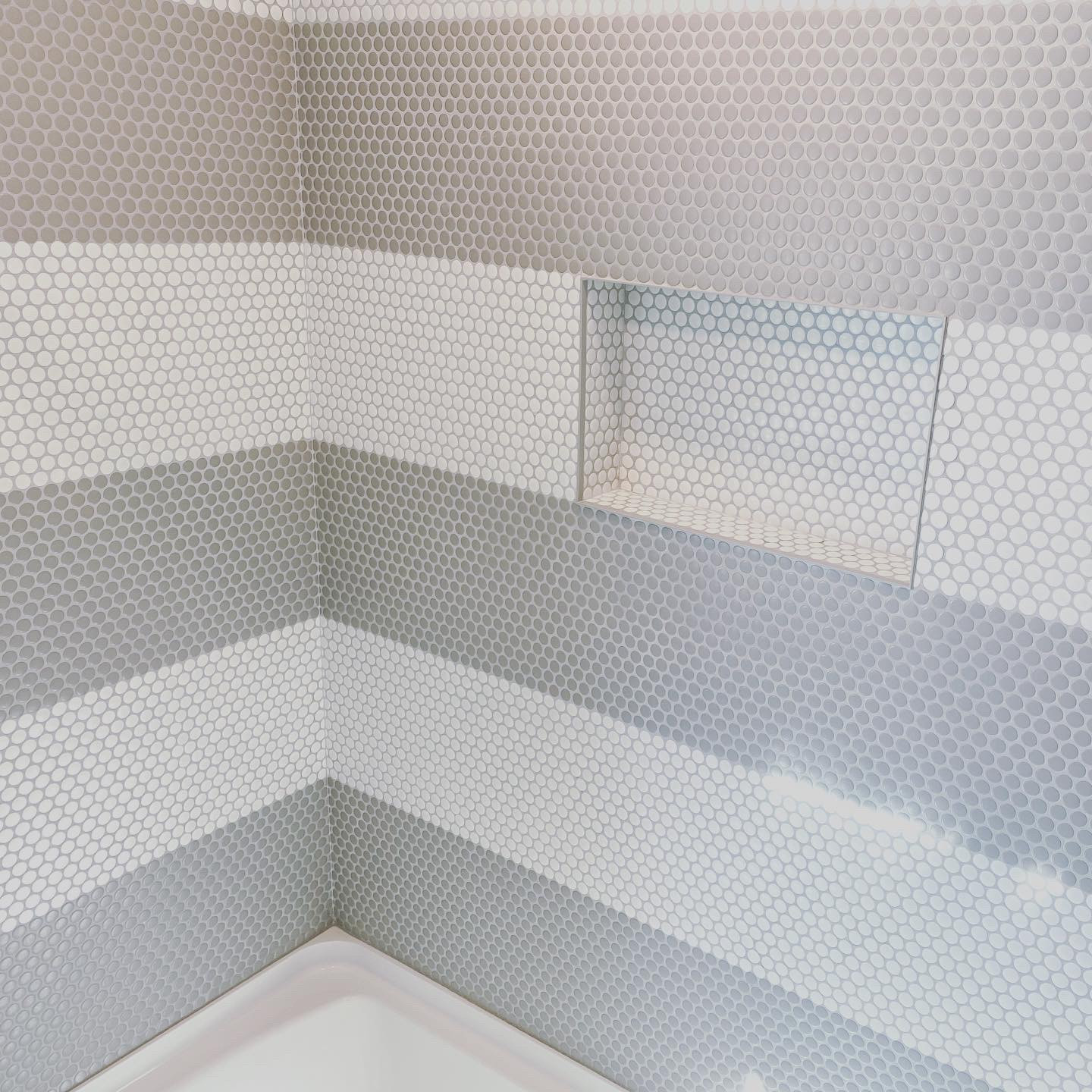 Kid's Bathroom with Penny Tile striped shower
