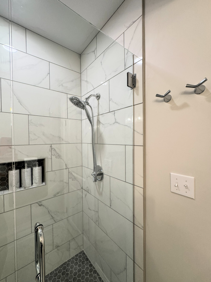 Large-Format Marble-Look Tile Walk-In Shower