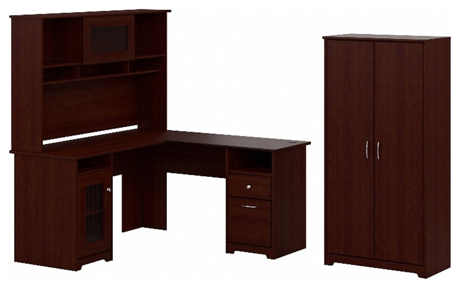 Bush Furniture Cabot L Desk w/ Hutch & Tall in Cherry Engineered Wood Desks And