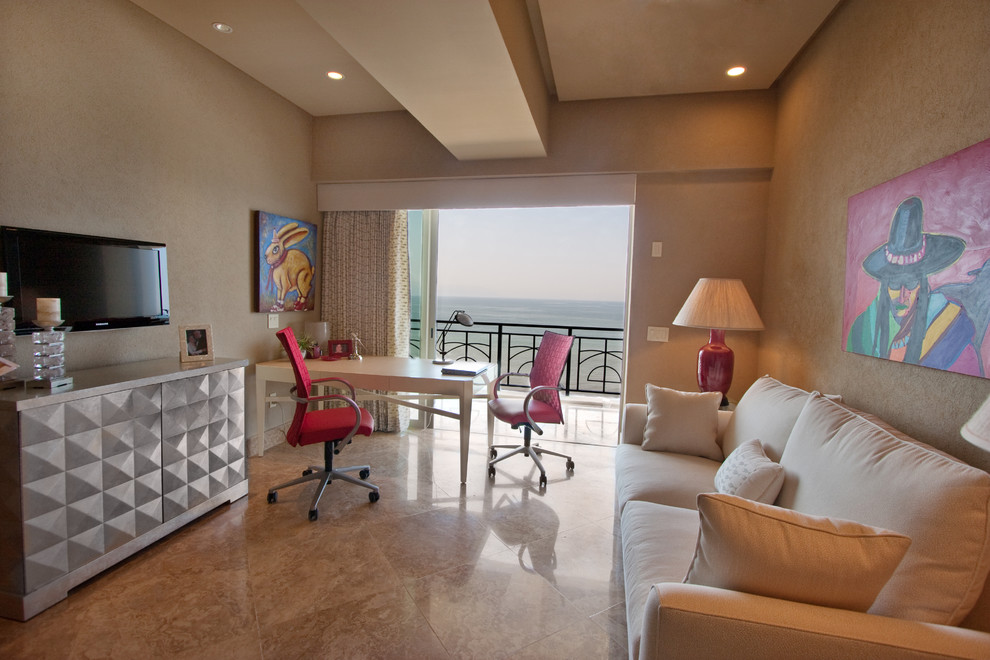 Mid-sized contemporary home office in Other with a freestanding desk, beige walls, marble floors and beige floor.