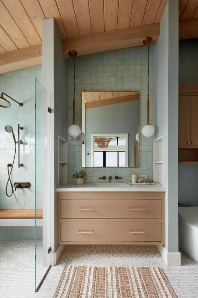 Bathroom - coastal mosaic tile floor, beige floor, single-sink, exposed beam, vaulted ceiling and wood ceiling bathroom idea in San Francisco with flat-panel cabinets, light wood cabinets, blue walls, an undermount sink, white countertops and a floating vanity