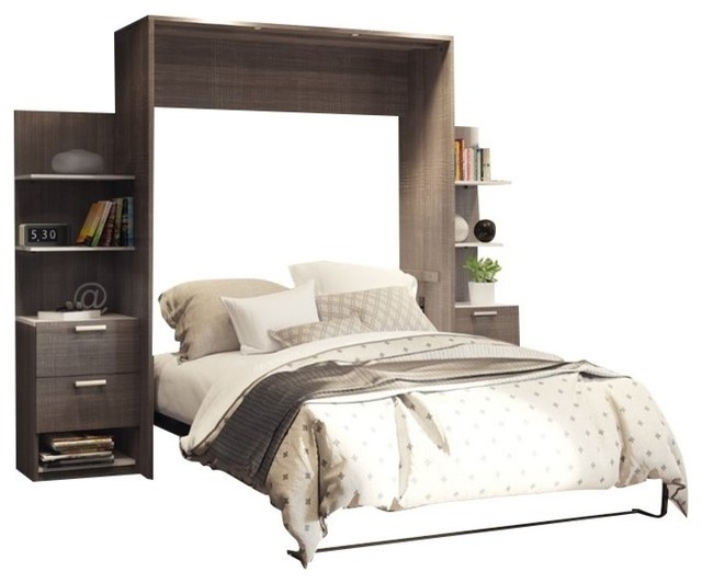 Picture of Atlin Designs Wood Queen Murphy Bed with Nightstands in Bark Gray/White ...