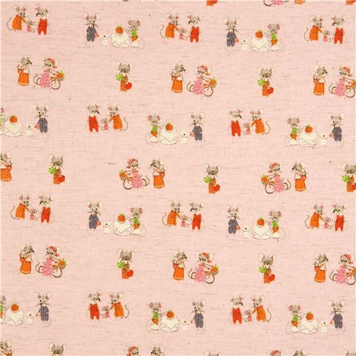 pink Kokka fabric with mouse family by Heather Ross