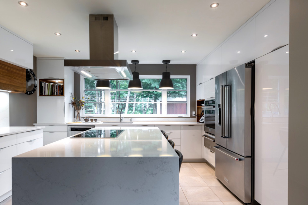 Medium sized classic galley kitchen/diner in New York with a built-in sink, flat-panel cabinets, white cabinets, quartz worktops, white splashback, stainless steel appliances, ceramic flooring, an island, beige floors and white worktops.