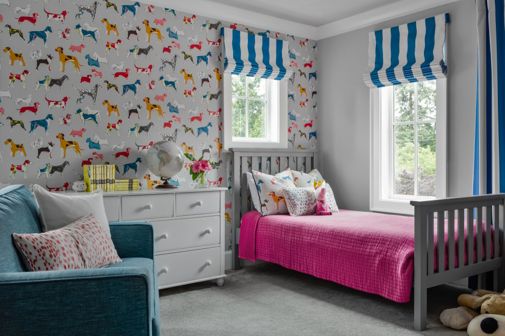 Design ideas for a large transitional kids' room for kids 4-10 years old and girls in Seattle with grey walls, carpet, grey floor and wallpaper.