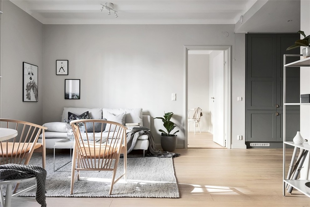 Photo of a scandinavian living room in Stockholm with grey walls, light hardwood floors, no fireplace, no tv and beige floor.
