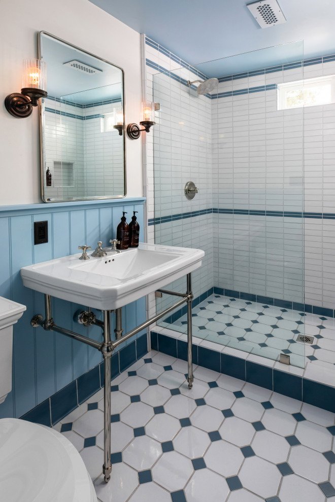 Inspiration for a large beach style bathroom in Los Angeles with multi-coloured tile, ceramic tile, multi-coloured walls, ceramic floors and multi-coloured floor.