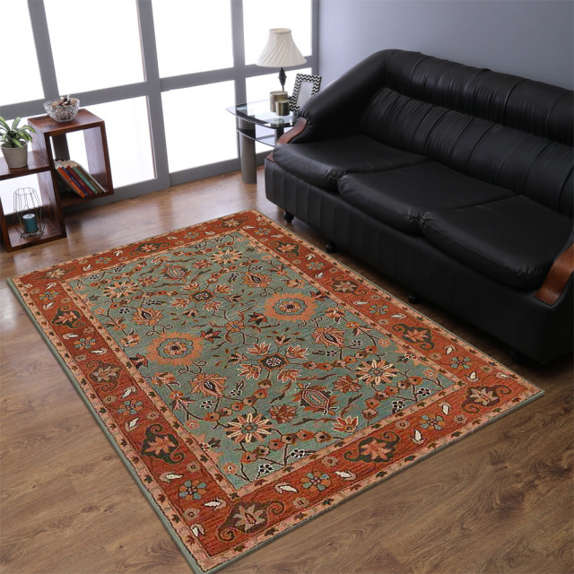 Hand Tufted Wool Area Rug Oriental Green Rust, [Rectangle] 8'x10 ...