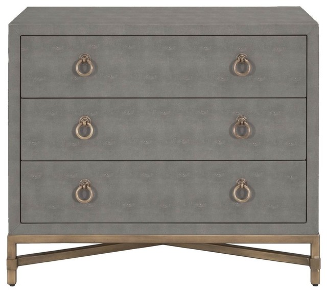 Wooden Three Drawer Nightstand With Brushed Gold Ring Pulls, Gray Contemporary Nightstands