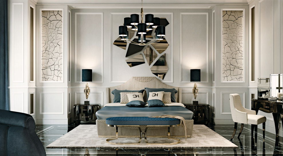 Bedroom - large traditional marble floor, black floor, wood ceiling and wainscoting bedroom idea in New York with beige walls