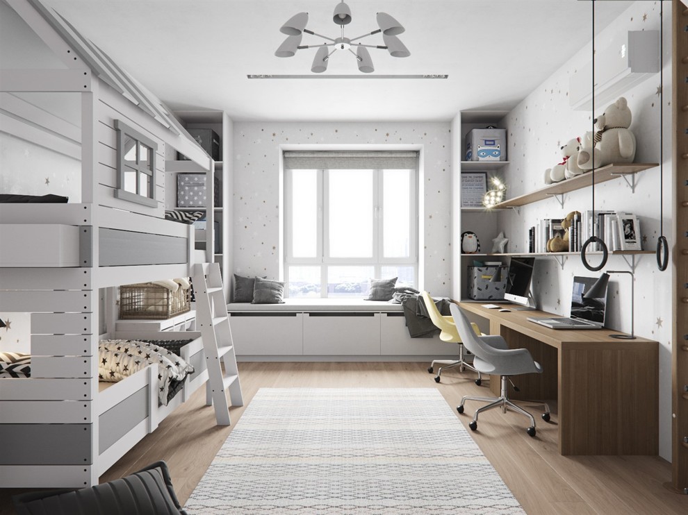 Photo of a large contemporary gender-neutral kids' room in Saint Petersburg with grey walls, laminate floors and brown floor.