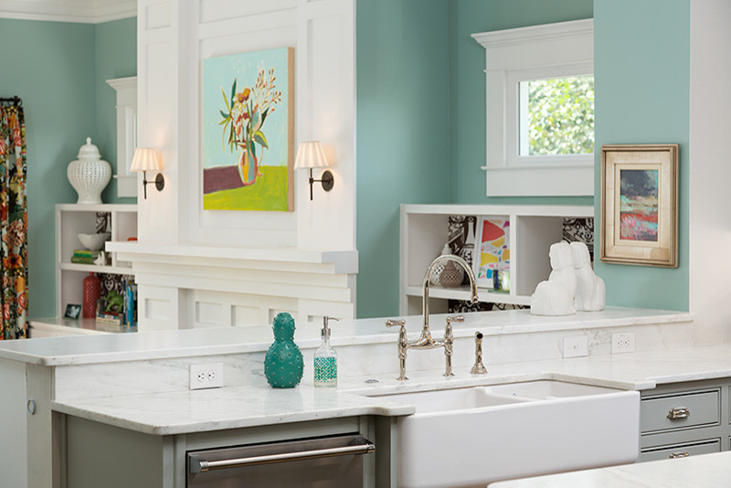 Inspiration for a large transitional u-shaped dark wood floor and brown floor open concept kitchen remodel in Atlanta with a farmhouse sink, recessed-panel cabinets, gray cabinets, marble countertops, white backsplash, ceramic backsplash, stainless steel appliances and an island