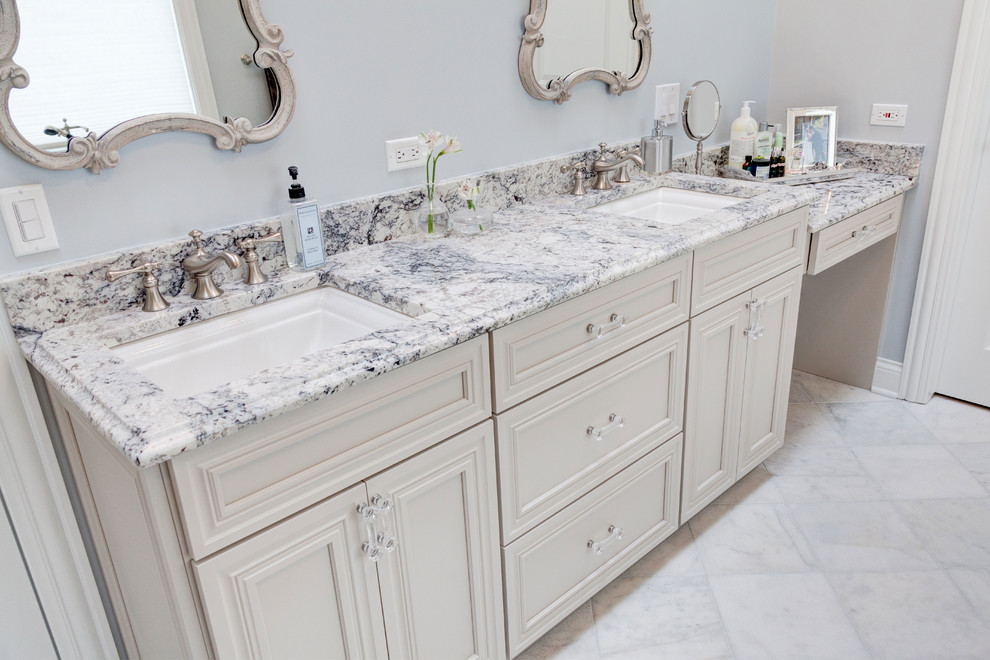 Mid-sized transitional master white tile and stone tile marble floor and white floor bathroom photo in Chicago with an undermount sink, flat-panel cabinets, gray cabinets, granite countertops and gray walls