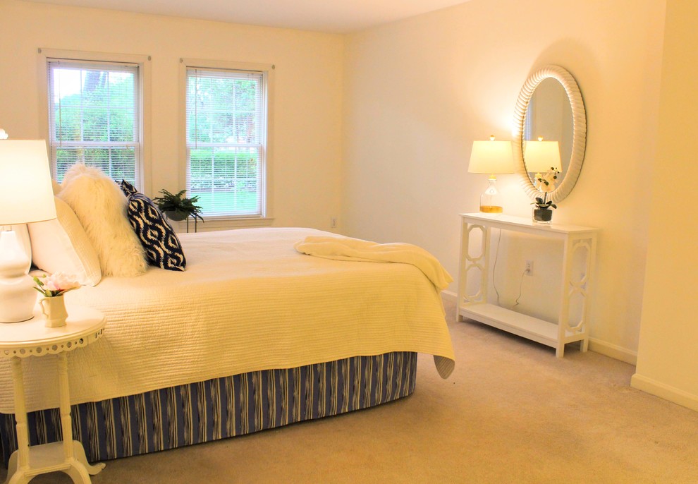 Mid-sized beach style master bedroom photo in Boston with gray walls