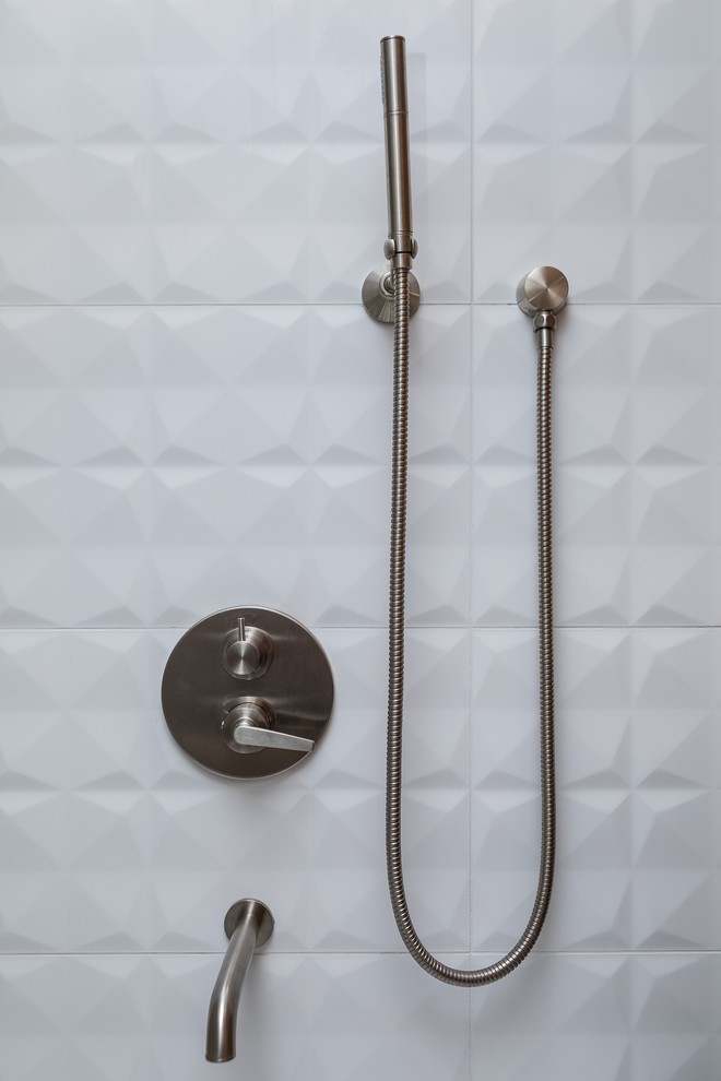Inspiration for a small midcentury 3/4 bathroom in Denver with flat-panel cabinets, brown cabinets, an alcove tub, an alcove shower, a one-piece toilet, white tile, porcelain tile, white walls, ceramic floors, a console sink, concrete benchtops, grey floor, a shower curtain and blue benchtops.
