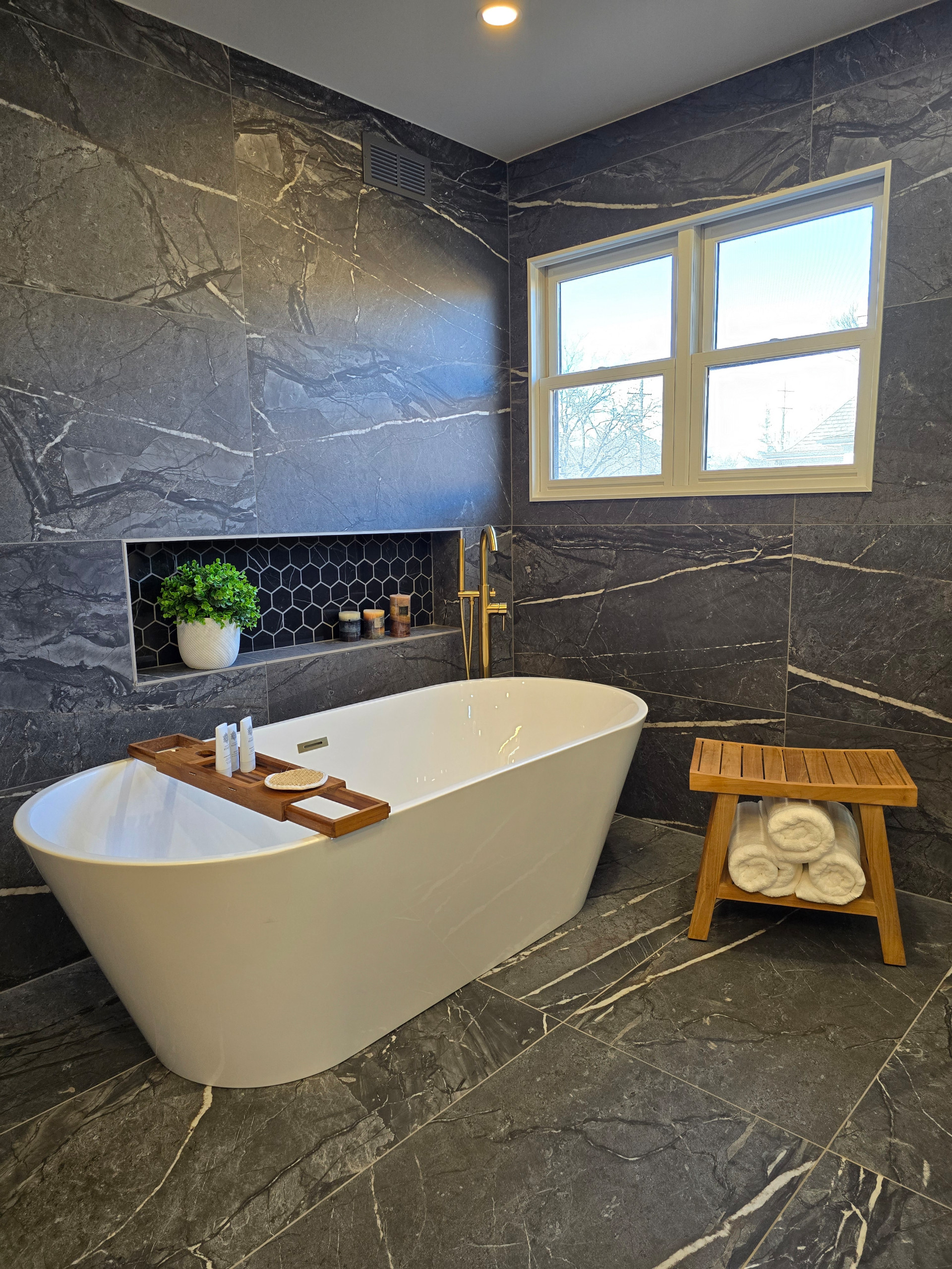 Main Bath full remodeling with custom vanity, freestanding tub & walk-in shower