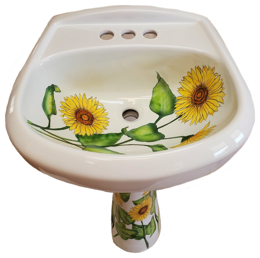 Handpainted Sunflower Pedestal Sink with Deco Tile Farmhouse