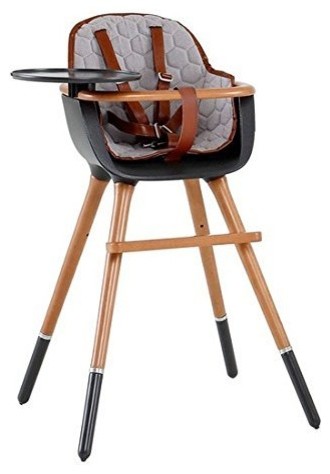 Ovo Max City High Chair, Black and Honey Wood, Gray Fabric and U Leather Harness