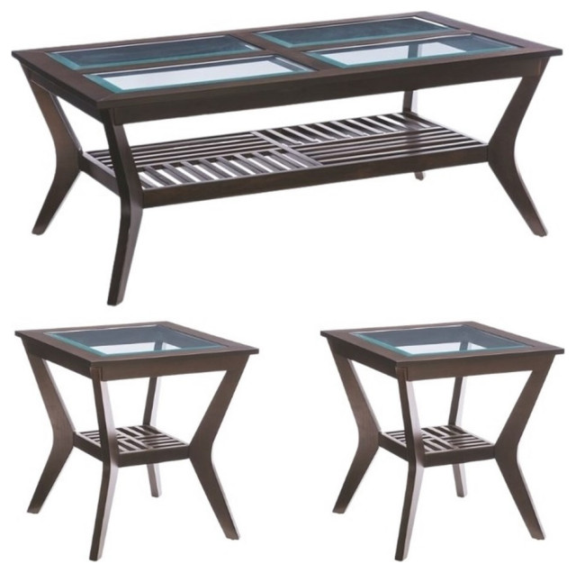 Pemberly Row 3 Piece Wooden Glass Top Coffee and End Table Set in Umber