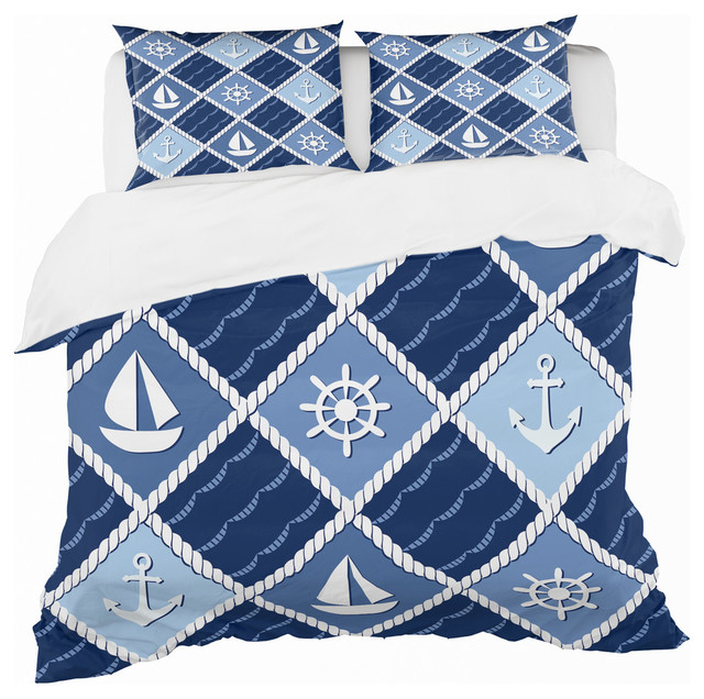 Blue Waves Coastal Duvet Cover, Anchor Twin Bedding