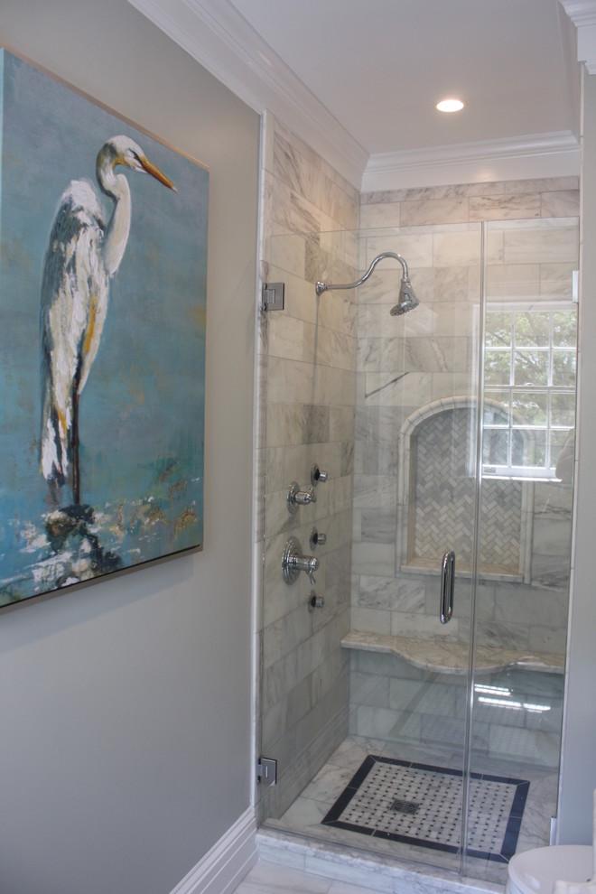 Inspiration for a small traditional master bathroom in Charlotte with recessed-panel cabinets, distressed cabinets, marble benchtops, an alcove shower, white tile, stone tile, grey walls and mosaic tile floors.
