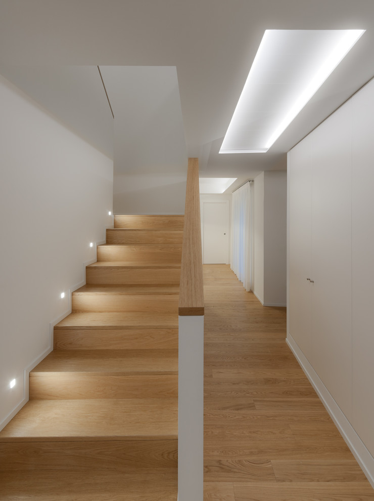 Photo of a scandinavian wood u-shaped staircase in Venice with wood risers and wood railing.
