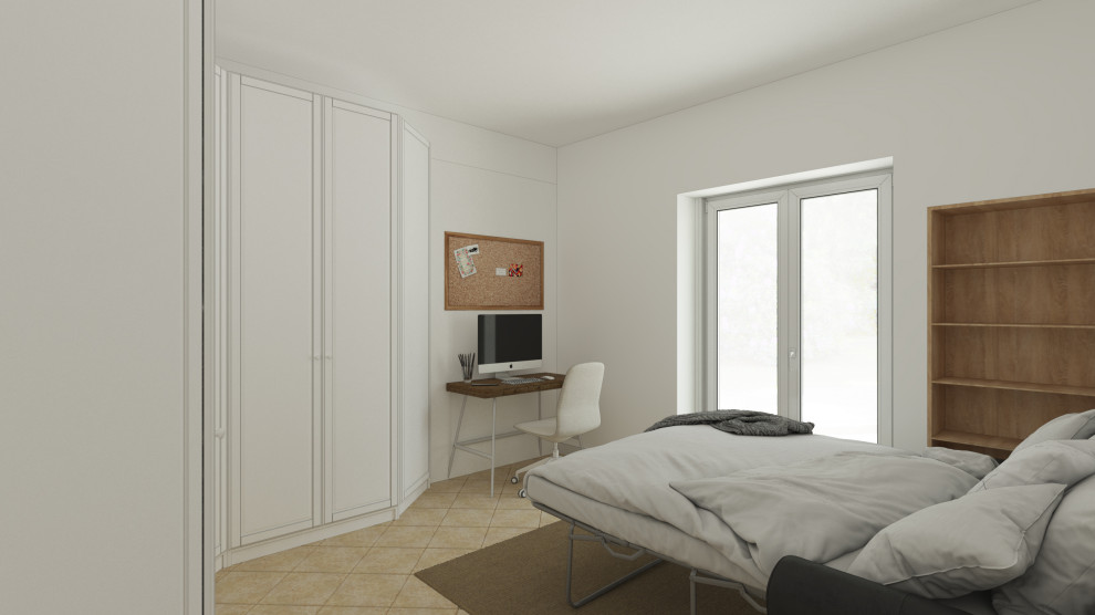 Esempio di una camera matrimoniale mediterranea di medie dimensioni con pareti bianche, pavimento con piastrelle in ceramica e pavimento beige