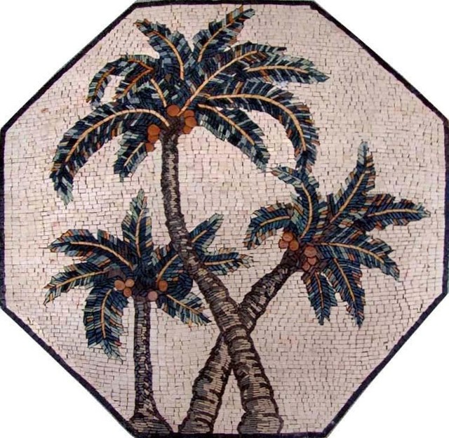 Octagonal Marble Mosaic, Palm Trees Tropical Tile Murals by