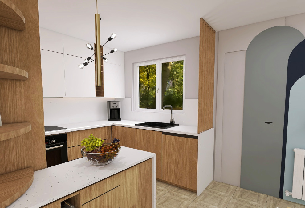 Design ideas for a small contemporary u-shaped eat-in kitchen in Montpellier with an integrated sink, beaded inset cabinets, white cabinets, marble benchtops, white splashback, marble splashback, panelled appliances, ceramic floors, a peninsula, brown floor and white benchtop.