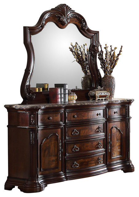 Barney S Traditional Walnut Dresser And Mirror With Marble 2