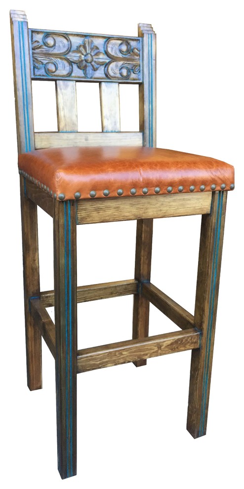 Spanish Colonial Stool With Leather, Mexican Bar Stools Leather