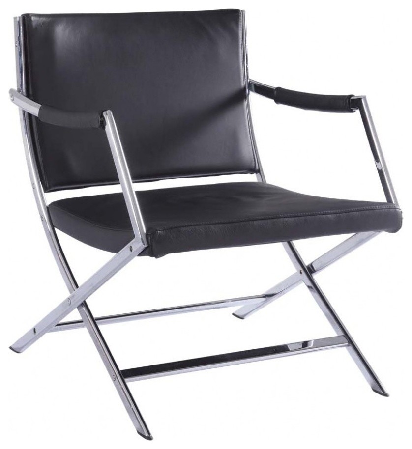 Modern Black Leather Lounge Chair with Chromed Base James