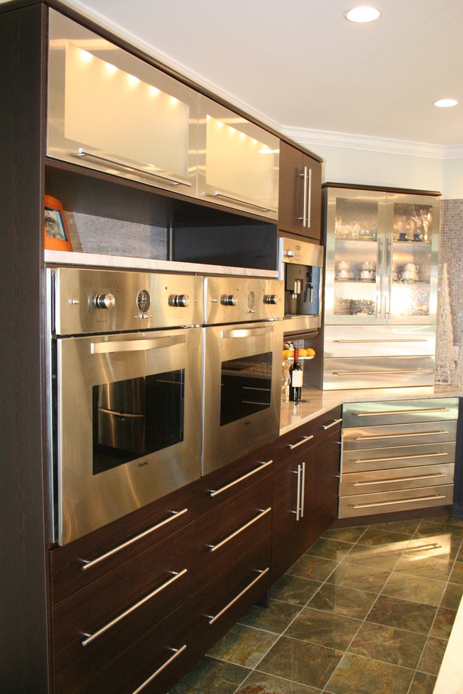 Enclosed kitchen - mid-sized modern l-shaped slate floor and multicolored floor enclosed kitchen idea in Bridgeport with a double-bowl sink, flat-panel cabinets, dark wood cabinets, marble countertops, multicolored backsplash, mosaic tile backsplash, stainless steel appliances and an island