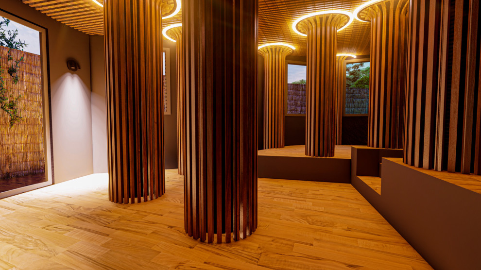 Idee per una palestra multiuso moderna di medie dimensioni con pavimento in legno massello medio e soffitto in perlinato
