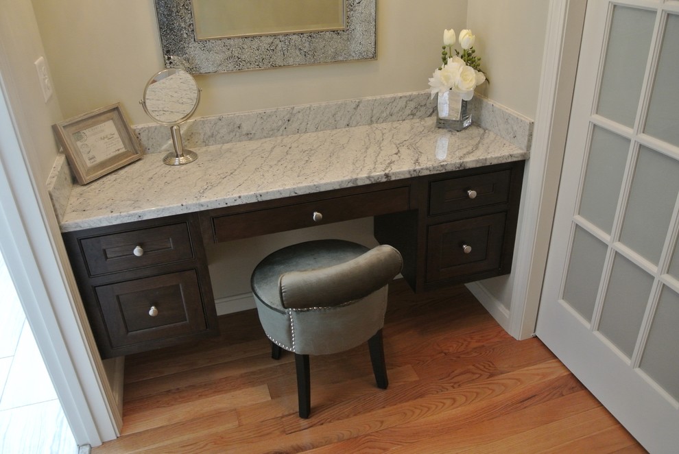 Alcove shower - transitional master porcelain tile and beige floor alcove shower idea in Boston with shaker cabinets, dark wood cabinets, a one-piece toilet, gray walls, an undermount sink, granite countertops and gray countertops