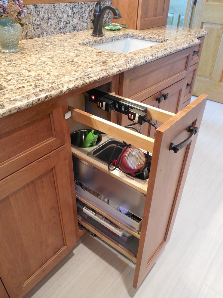 Home design - large transitional master beige tile home design idea with flat-panel cabinets, medium tone wood cabinets and quartz countertops