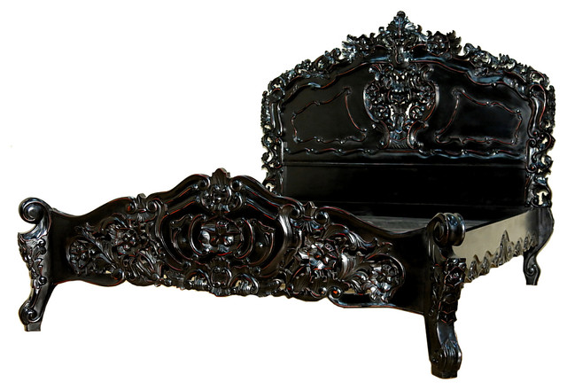 Distressed Black Queen French Rococo Carved Panel Bed Victorian Distressed Black Queen French Rococo Carved Panel Bed