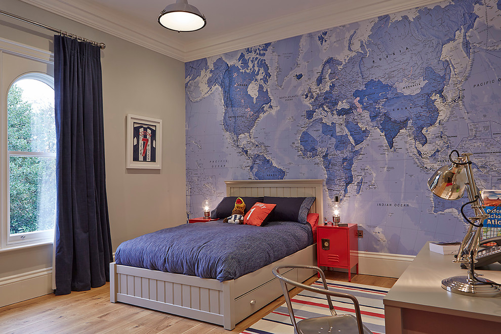 Inspiration for a contemporary kids' bedroom for kids 4-10 years old and boys in Other with light hardwood floors.