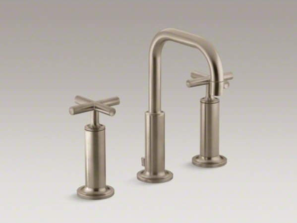 KOHLER Purist(R) widespread bathroom sink faucet with high cross handles and low