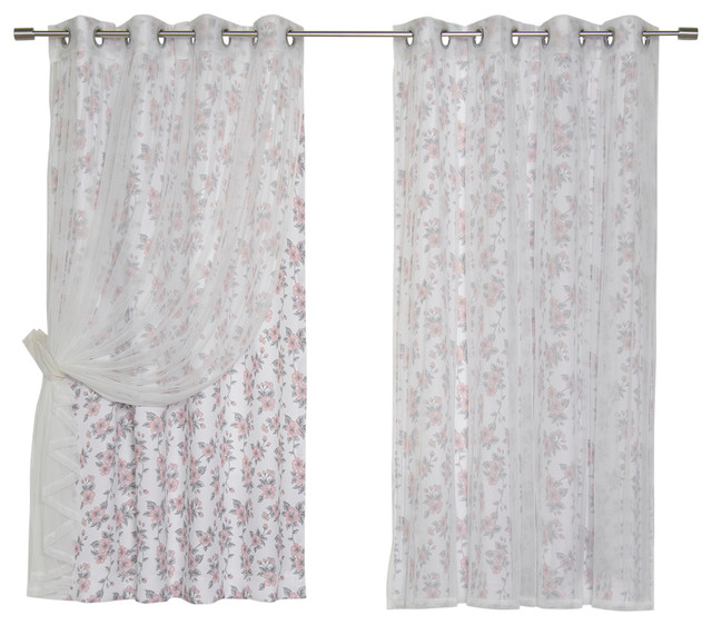 Tulle and Hibiscus Blossom Mix and Match Curtains, White, 52"x63"