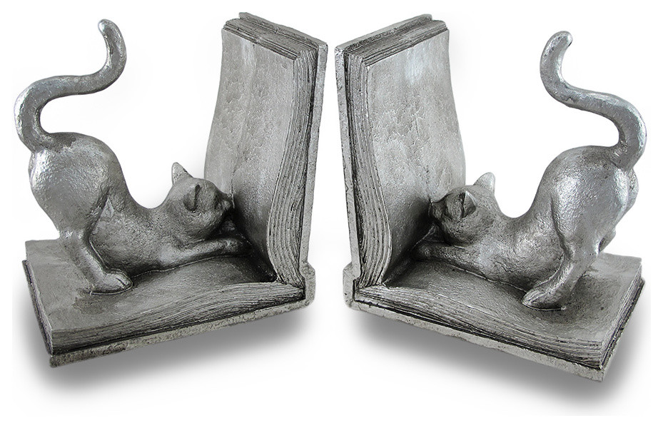 Decorative Antique Silver Finish Reading Cat Bookends Set of 2