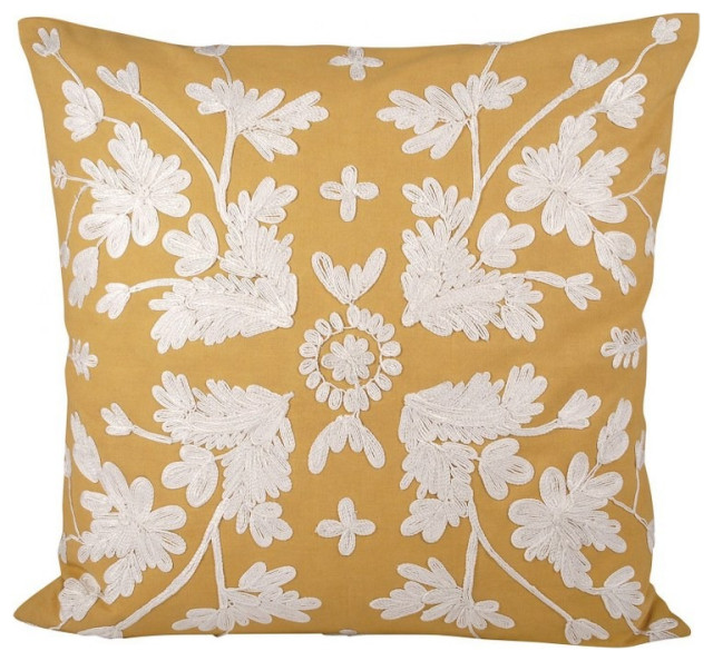 Mustard Color Pillow Cover with White Embroidered Floral Designs 20x20inch Contemporary