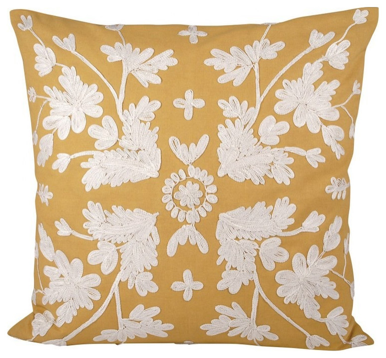Mustard Color Pillow Cover White Embroidered Floral Designs 20x20inch