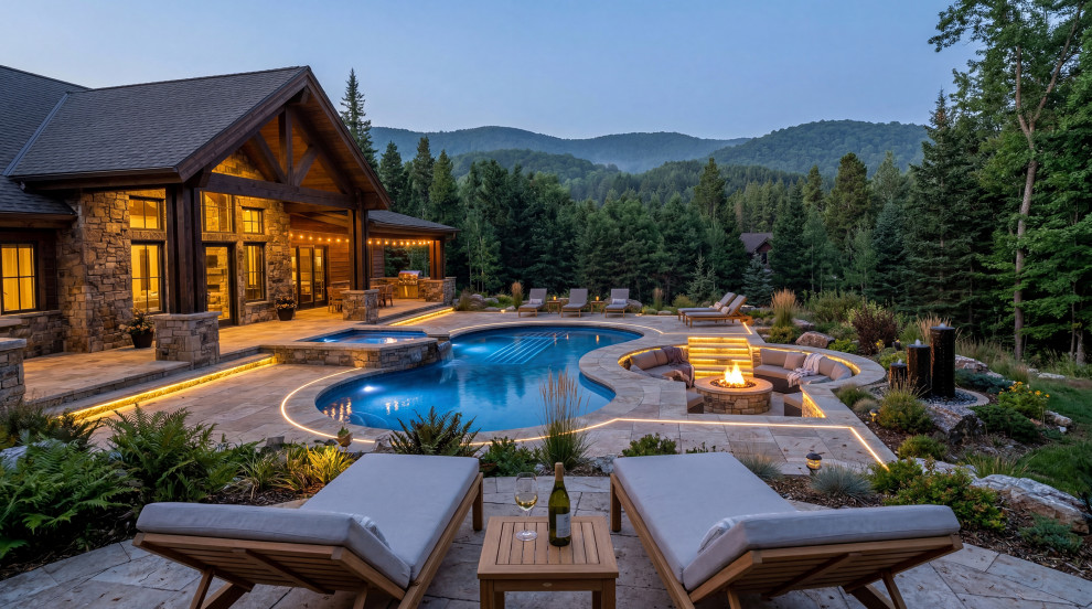 Mid-sized mountain style backyard stone and custom-shaped hot tub photo in Columbus