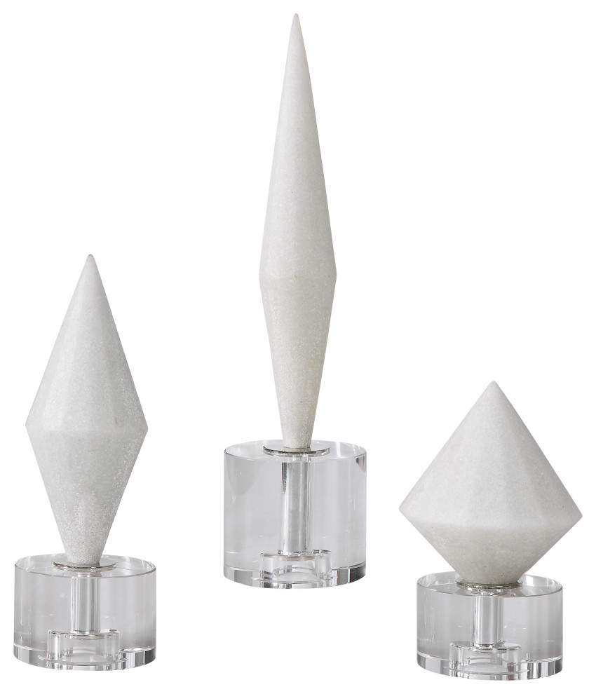 Geometric Faceted White Marble Finial Set 3 Diamond Shape Sculpture Minimalist