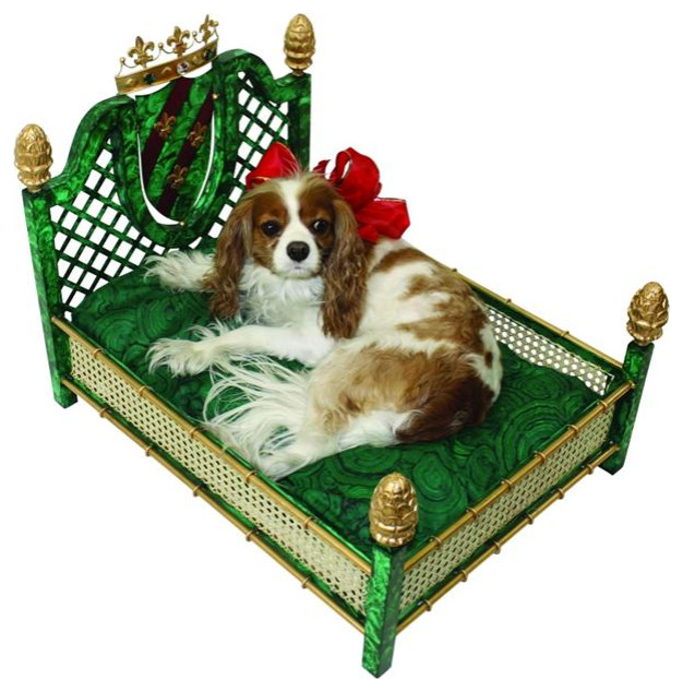 Lavish Vintage Style Emerald Green Pet Dog Bed Gold Rattan Malachite