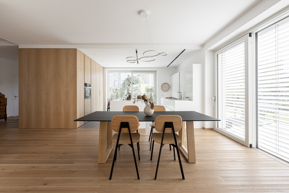 Inspiration for a scandinavian open plan dining in Other with white walls, light hardwood floors and brown floor.